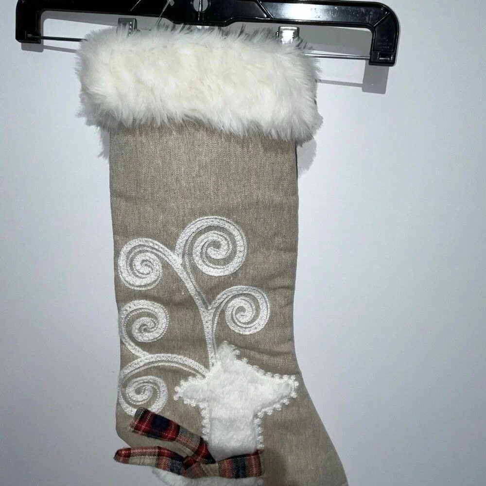 Ridgefield Home Beige White Reindeer Faux Fur Trim Holiday Christmas Stocking